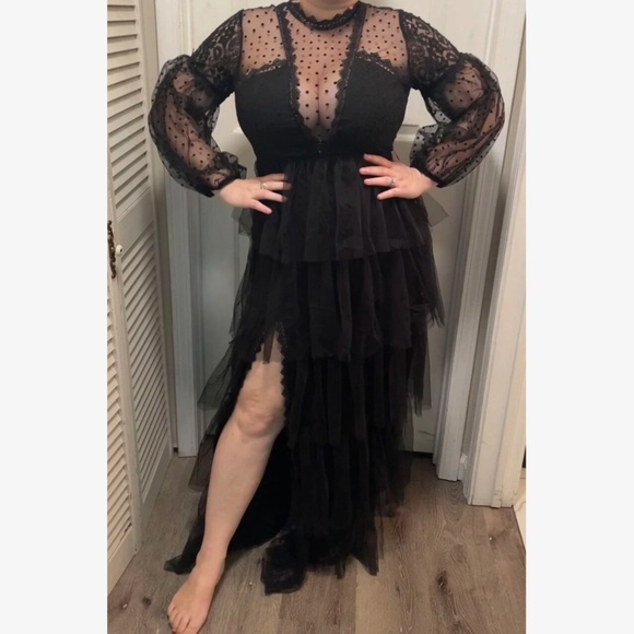 Luxe Black Polka Dot Lace Layered Party Evening Dress - Picture 2 of 6